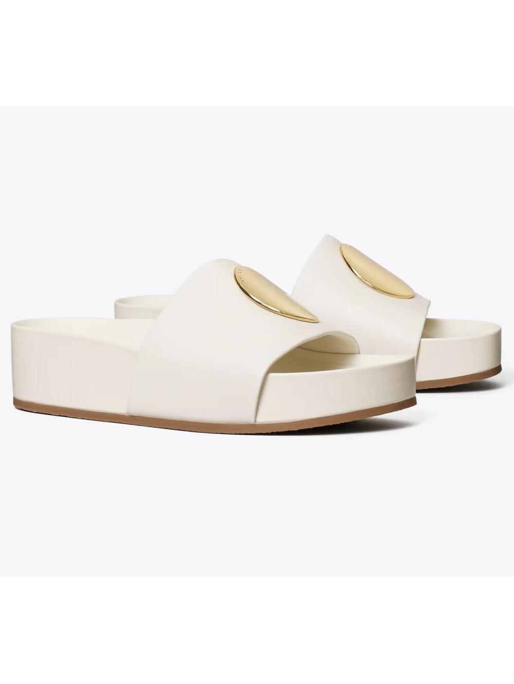 Tory Burch Women's Patos Disk Slide Leather Ivory & Gold Sandals Size 8